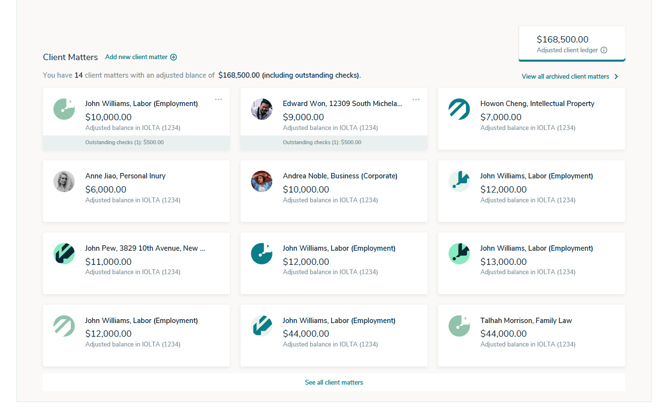 Nota Client Matters view — a grid of client matter cards, each showing that client's adjusted balance in the IOLTA account and any outstanding checks.
