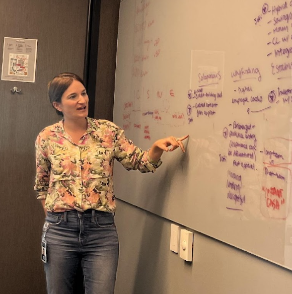 Andrea facilitating a concept-mapping workshop at a whiteboard