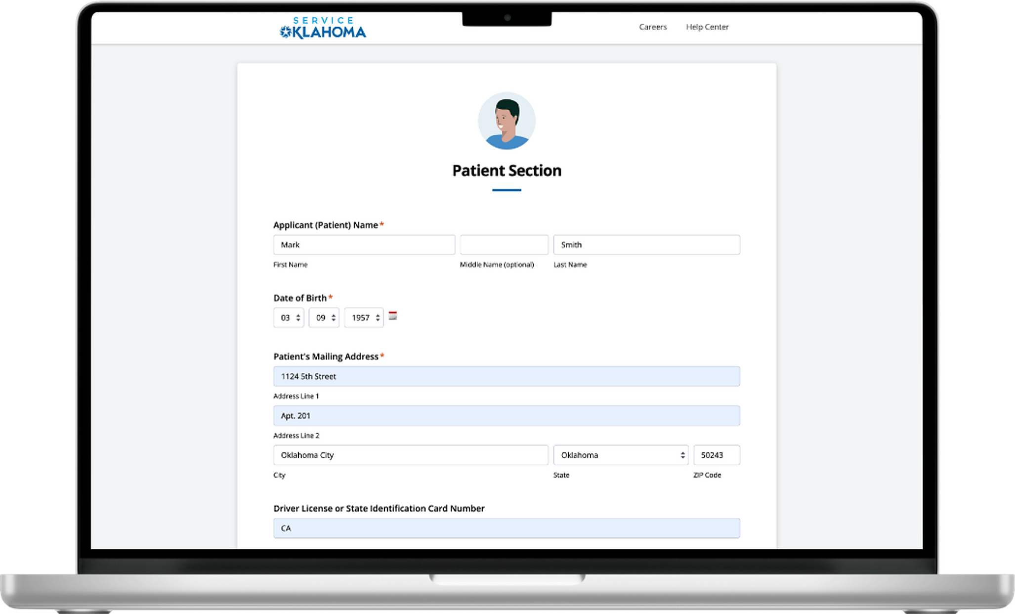 The digital disability placard application MVP on a laptop, showing the Patient Section of the Service Oklahoma form.